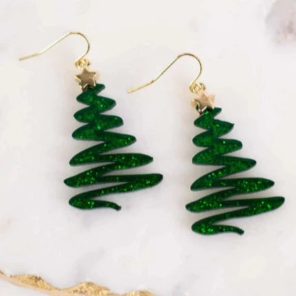 Christmas Tree Acetate Earrings Green 2"