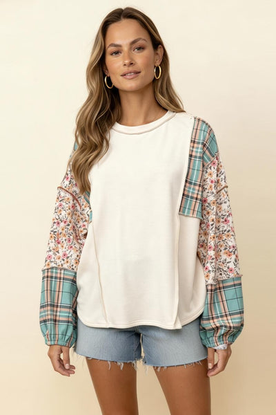 Floral Plaid Color Block Long Sleeve Top