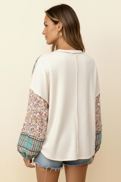 Floral Plaid Color Block Long Sleeve Top