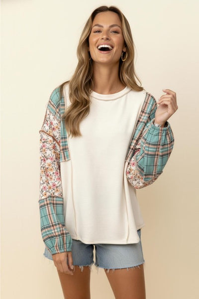 Floral Plaid Color Block Long Sleeve Top