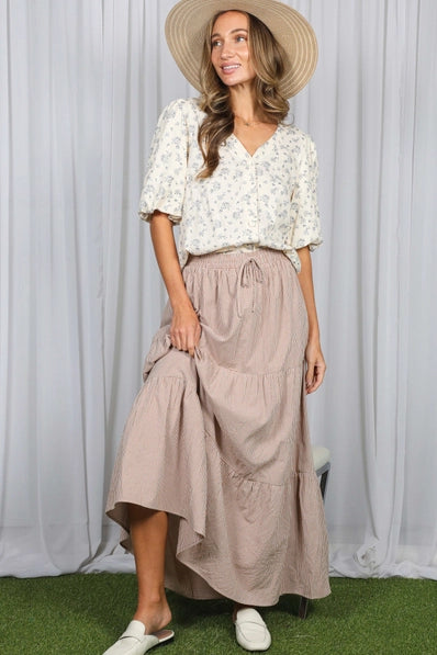 Bubble Sleeves Floral Denim Print Blouse Top | Cream/Blue