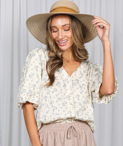 Bubble Sleeves Floral Denim Print Blouse Top | Cream/Blue