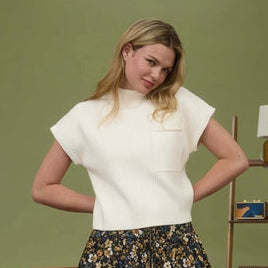 Mock Neck Pocket Detail Short Sleeve Knit Sweater | Cream