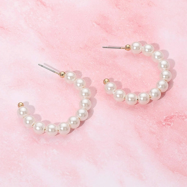 Pearl Beaded Hoop Earrings| Rhodium, White