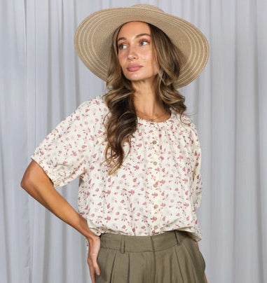 Floral Print Round Neck Denim Blouse Top | Cream /Pink