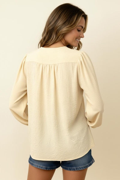 Solid V Neck Pin Tuck Buttoned Woven Blouse | Cream