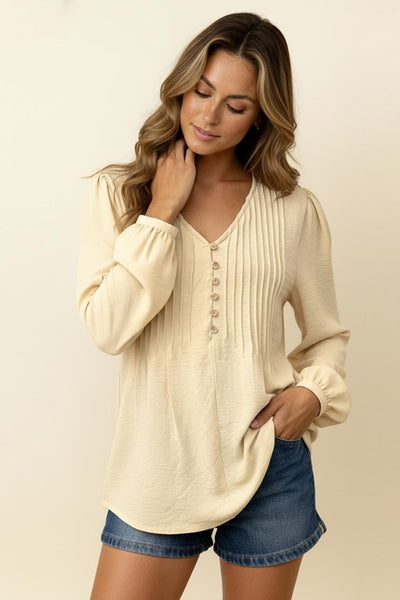 Solid V Neck Pin Tuck Buttoned Woven Blouse | Cream