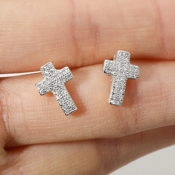 Cz Stone Paved Cross Stud Earrings| Silver