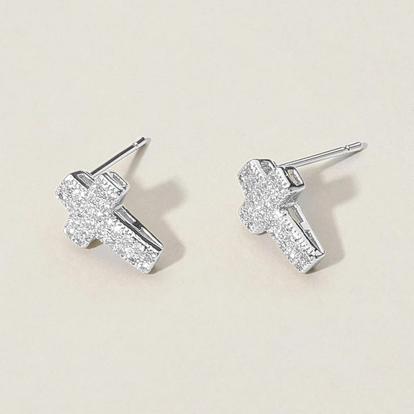 Cz Stone Paved Cross Stud Earrings| Silver
