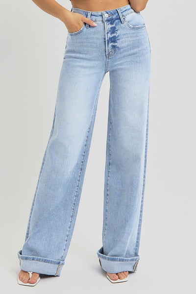 Tummy Control High Rise Wide Cuffed Jeans-Risen Jeans