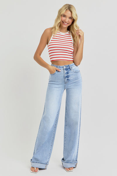 Tummy Control High Rise Wide Cuffed Jeans-Risen Jeans