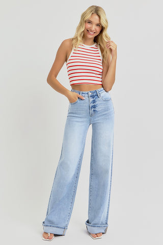Tummy Control High Rise Wide Cuffed Jeans-Risen Jeans