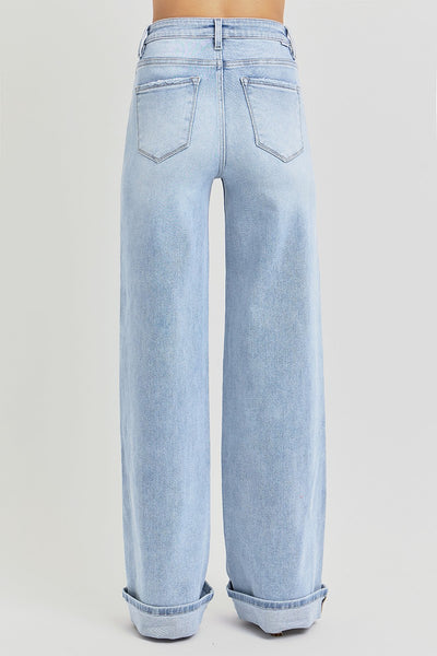 Tummy Control High Rise Wide Cuffed Jeans-Risen Jeans