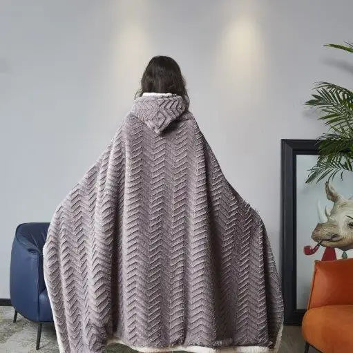 "Cutwork Slate Chevron" Faux Fur Plush Hooded Throw Blanket