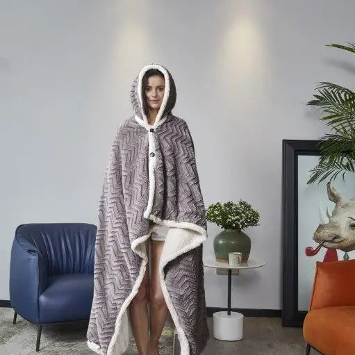 "Cutwork Slate Chevron" Faux Fur Plush Hooded Throw Blanket