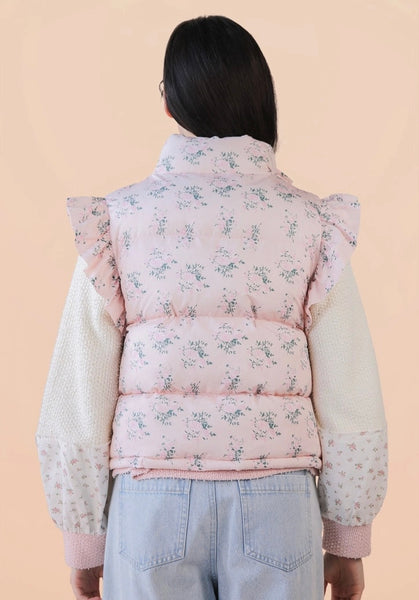 Front Bow Floral Puffer Vest | Pink