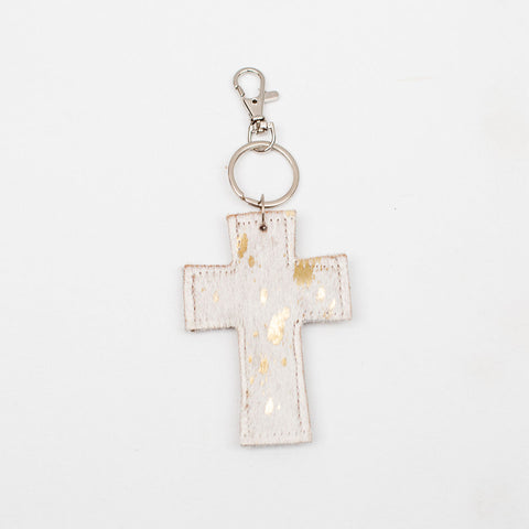 Cross Speckled Metallic Hide Keychain Clip White/Gold