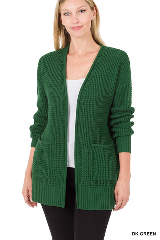Low Gauge Waffle Open Cardigan Sweater | Dark Green