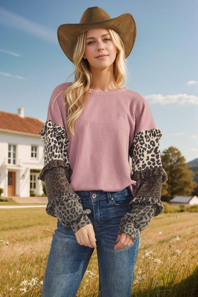 PLUS Ruffle Animal Sleeve Top | Dusty Rose