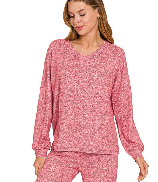 Soft Melange V-Neck Long Sleeve Tee -Dark Red
