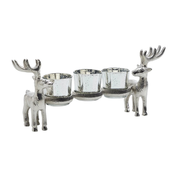 Metal Reindeer Three-Votive Mercury Glass Candle Holder