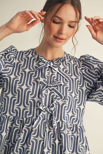 Bow Tie Detail Geo Peplum Top | Denim Blue