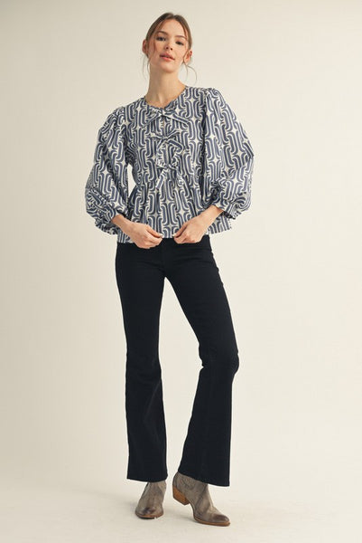 Bow Tie Detail Geo Peplum Top | Denim Blue