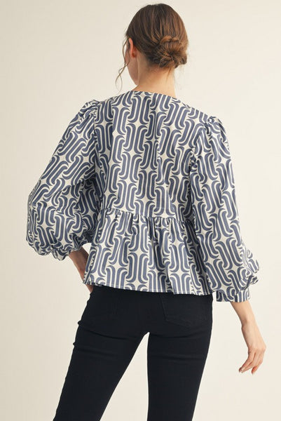 Bow Tie Detail Geo Peplum Top | Denim Blue