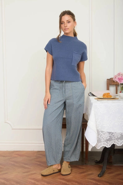 Mock Neck Pocket Detail Short Sleeve Knit Sweater | Denim Blue