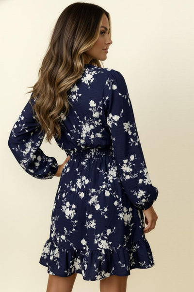 Surplice Long Sleeve Smocked Floral Dress | Navy