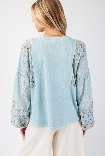 WASHED PRINT MIX COTTON SLUB TOP |Dusty Blue