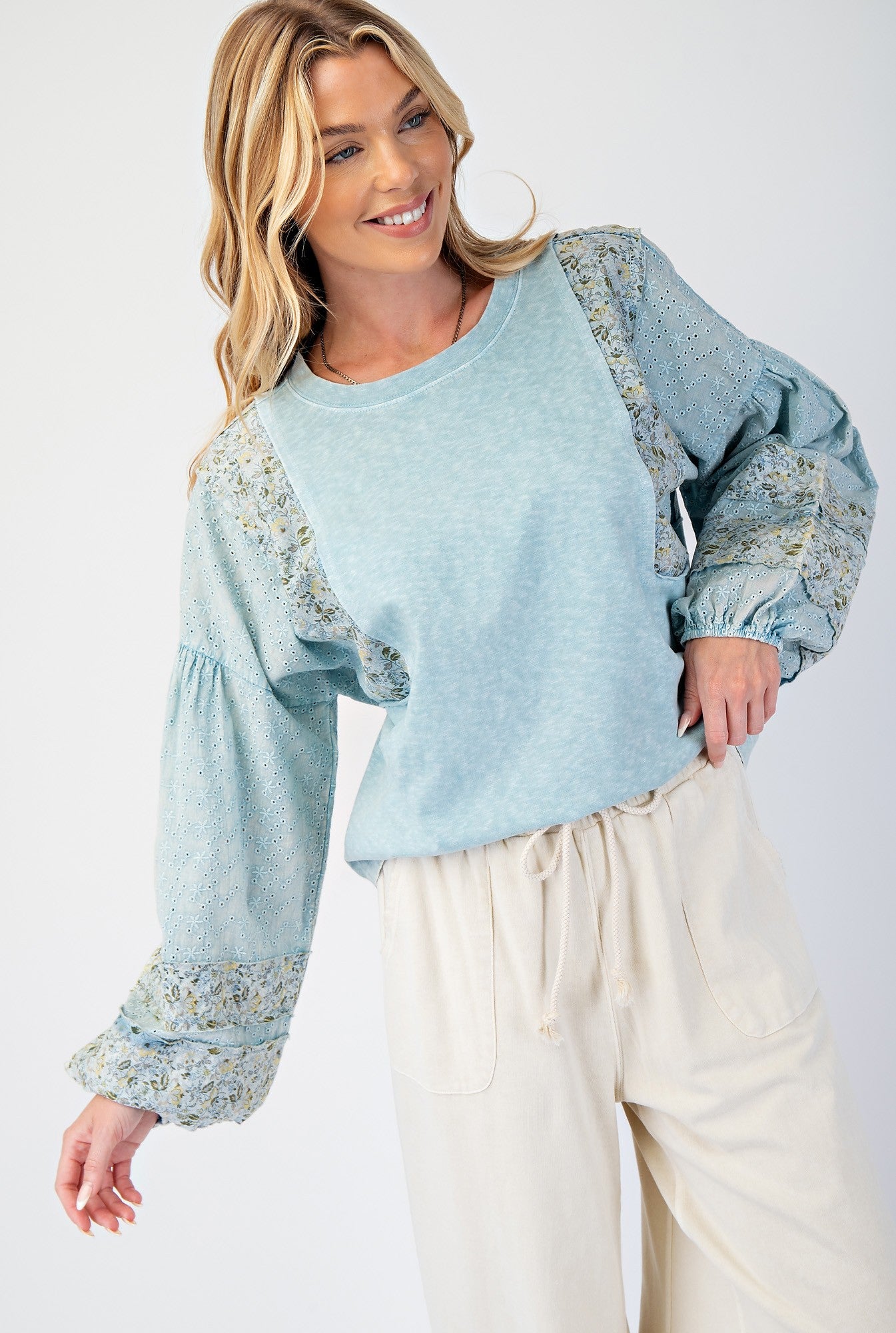 WASHED PRINT MIX COTTON SLUB TOP |Dusty Blue