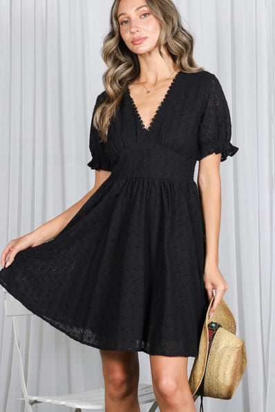 Floral Eyelet Lace V-Neck Mini Dress | Black