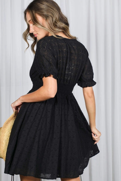 Floral Eyelet Lace V-Neck Mini Dress | Black