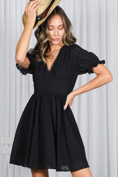 Floral Eyelet Lace V-Neck Mini Dress | Black