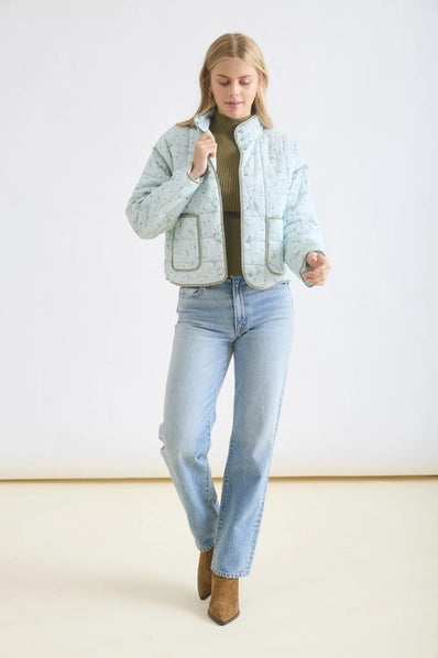 Quilted Floral Button Down Puffer Jacket | Sage Multi