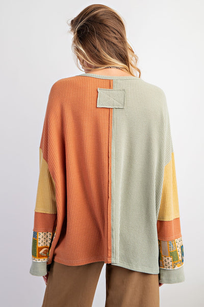 COLOR BLOCK THERMAL MINERAL WASHED PULLOVER