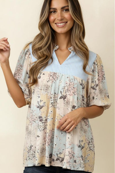 Frilled Notch Neck Floral Top | Light Blue