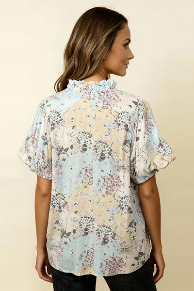 Frilled Notch Neck Floral Top | Light Blue