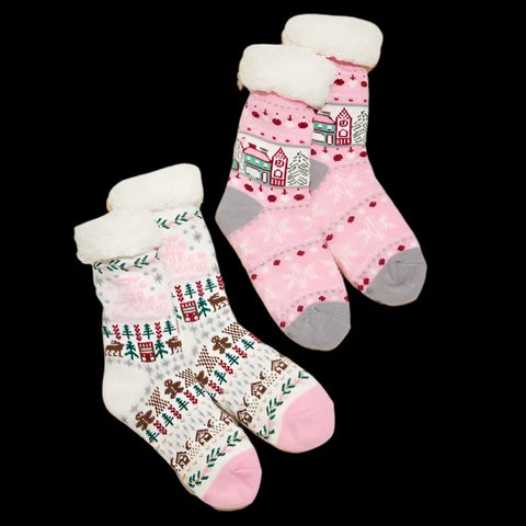 Fuzzy Sherpa Cuff Christmas Pattern Socks| Pink/Grey, White/Pink