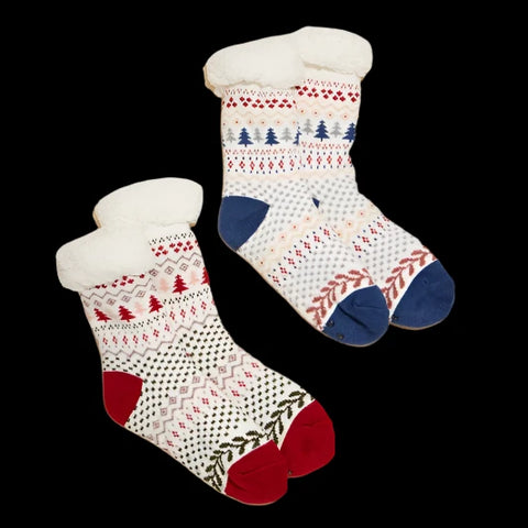 Fuzzy Sherpa Cuff Christmas Pattern Socks | Red, Blue