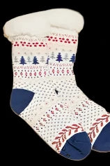 Fuzzy Sherpa Cuff Christmas Pattern Socks | Red, Blue