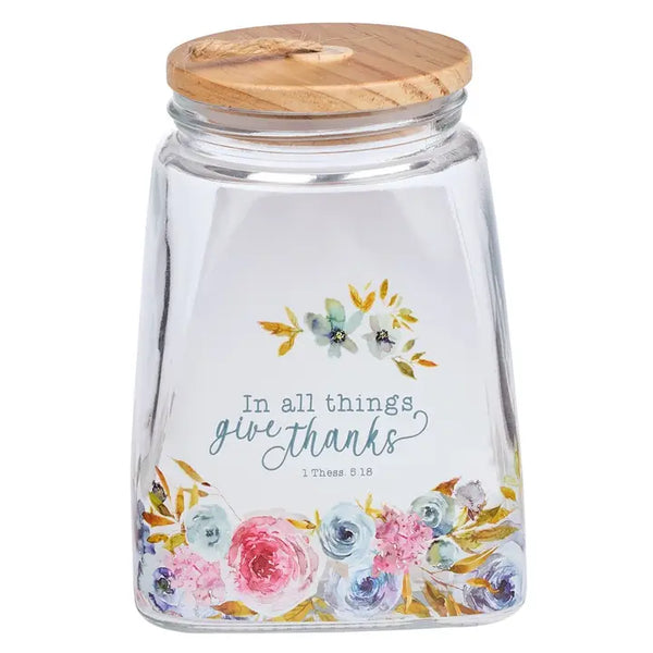 Give Thanks Pink Ranunculus Glass Gratitude Jar w/ Cards