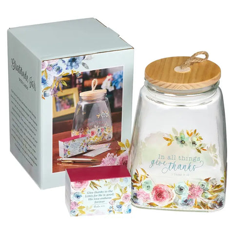 Give Thanks Pink Ranunculus Glass Gratitude Jar w/ Cards