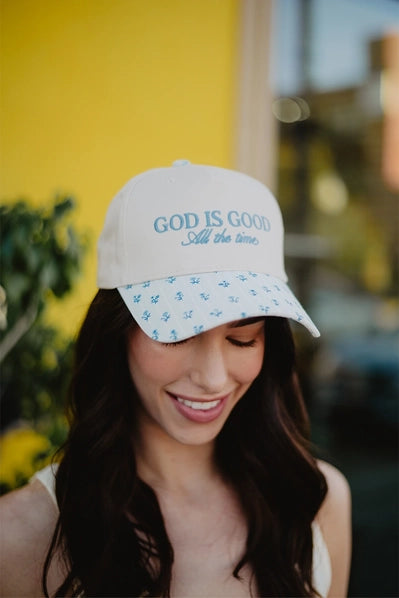 God Is Good All the Time Wholesale Trucker Cap | Light Blue Floral