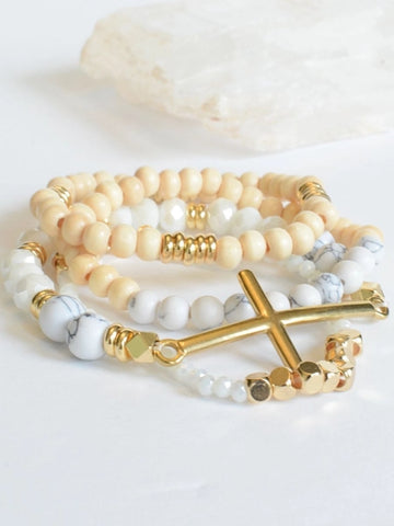 Gold Cross Creams Beaded Stackable Christian Bracelet Set