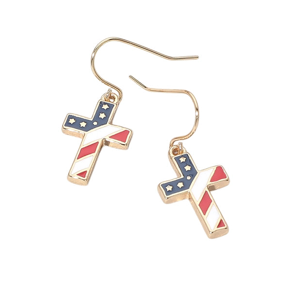 USA Flag Cross Dangle Earrings | Gold