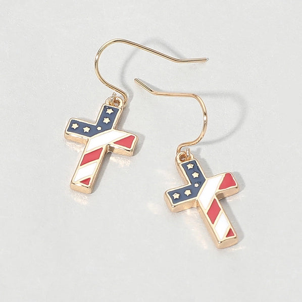 USA Flag Cross Dangle Earrings | Gold