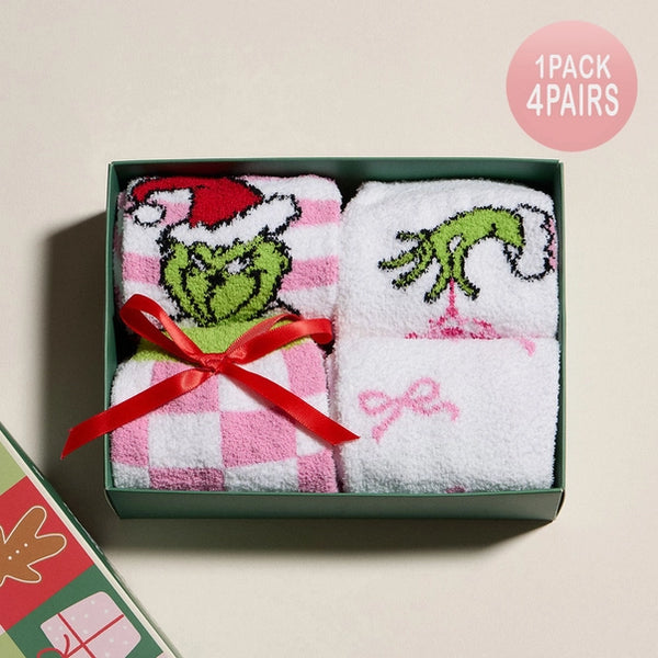 4Pairs -Green Monster Grinch Christmas Bundle Socks Set