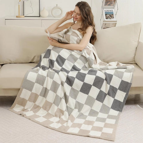 Multicolor Checkered Reversible Throw Blanket | Gray & Beige